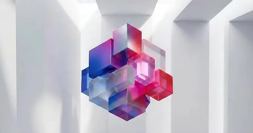 Cube de verre aux dégradés rouge et bleu, motif emblème de SWISSVIX, dans un espace blanc.