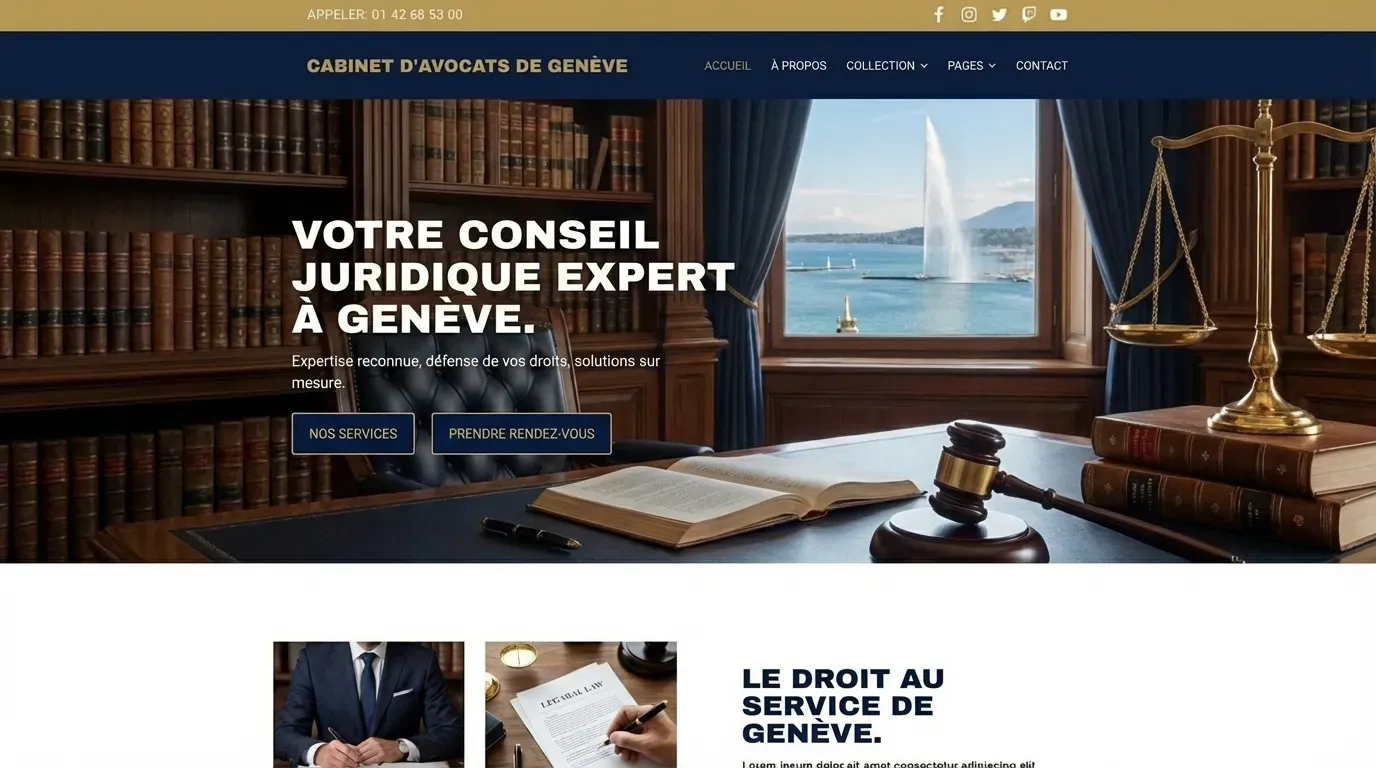 Site vitrine d'un cabinet d'avocats à Genève, mettant en avant le conseil juridique.