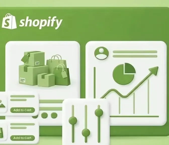 Boutique Shopify en 3D : colis, boutons « Add to cart », courbe de ventes et réglages.
