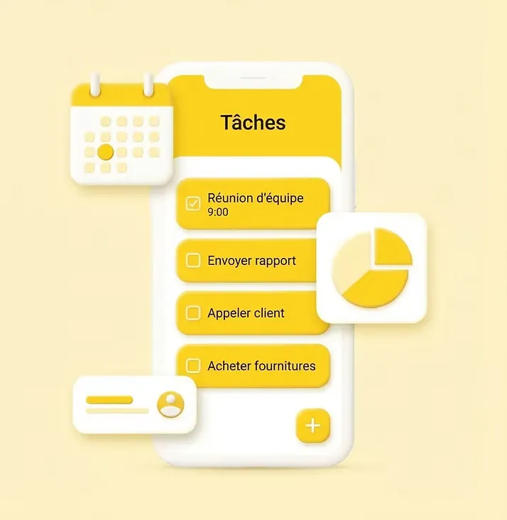 Illustration d’une application mobile de gestion de tâches, avec calendrier, liste de tâches et statistiques.