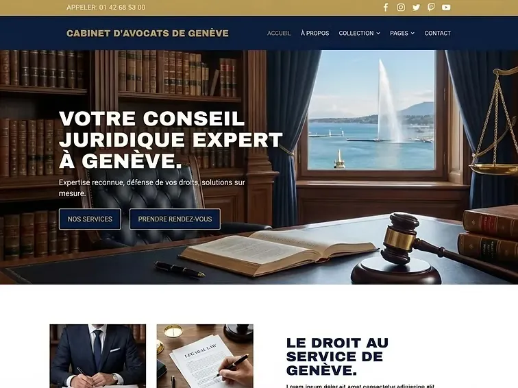 Page d’accueil du site d’un cabinet d’avocats à Genève, présentant les domaines de droit traités.