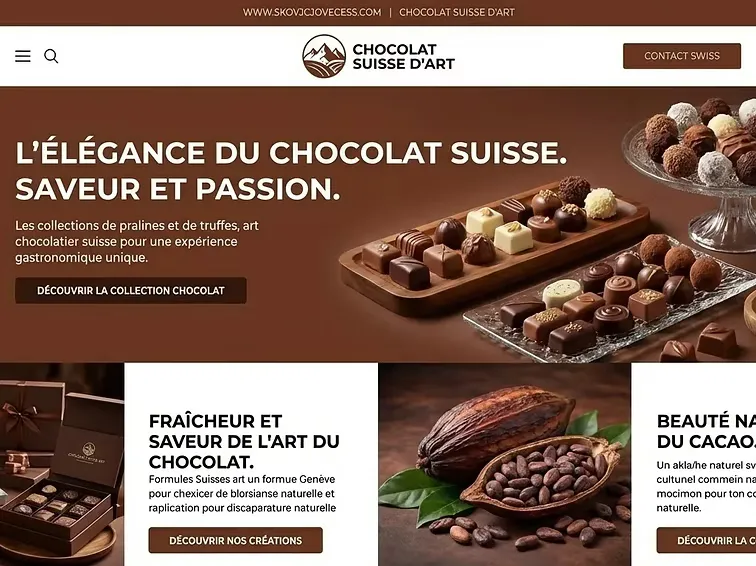 Page d’accueil du site d’une marque de chocolat suisse, présentant ses collections de pralines et de truffes.