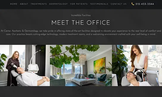 Page de présentation des installations sur le site d’un cabinet de dermatologie esthétique.