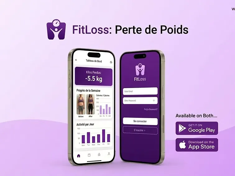 Écrans d’une application mobile de fitness affichant le suivi de la perte de poids.