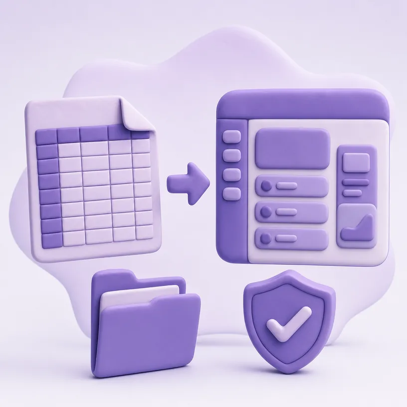Illustration d’un tableur remplacé par un logiciel métier structuré, avec dossiers et contrôle des accès.