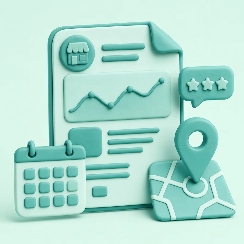 Illustration d’un rapport mensuel de référencement : courbe de progression, calendrier et repère de localisation.